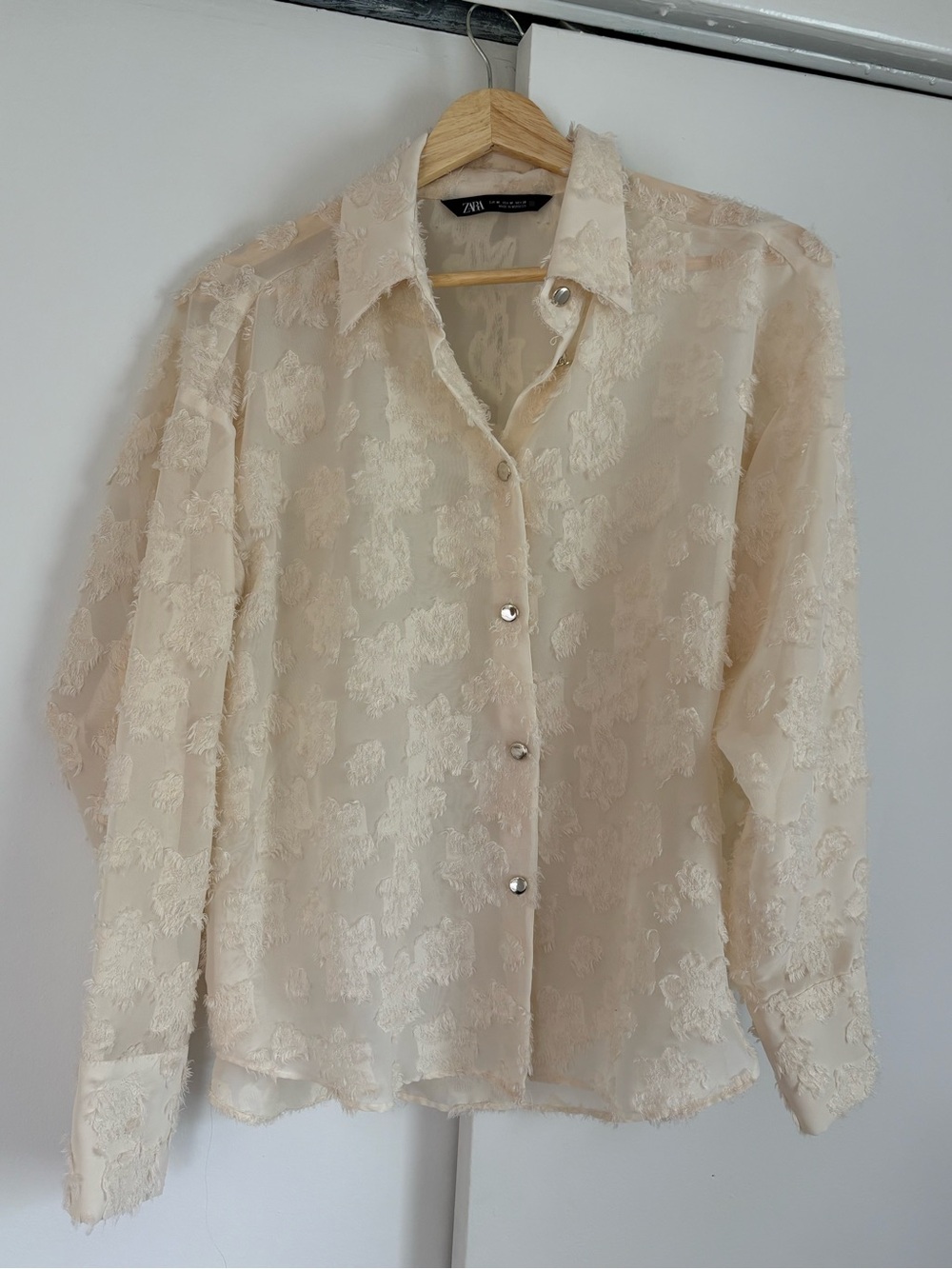 Zara Sheer Ivory Floral-Textured Blouse